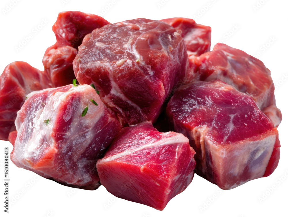 Obraz premium Beef Stew Cubes: A close-up shot of fresh, raw beef stew cubes, rich in color and texture, ready for culinary adventures.