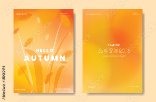 Abstract orange color gradient autumn card background set. Minimalist poster with barley. Modern fall season wallpaper design for home decoration, website, banner, ads.