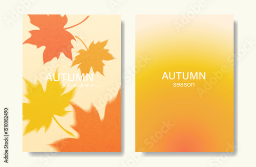 Abstract orange color gradient autumn card background set. Minimalist poster with maple leaf. Modern fall season wallpaper design for home decoration, website, banner, ads.