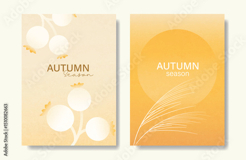 Abstract orange color gradient autumn card background set. Minimalist poster with barley and flower. Modern fall season wallpaper design for home decoration, website, banner, ads.