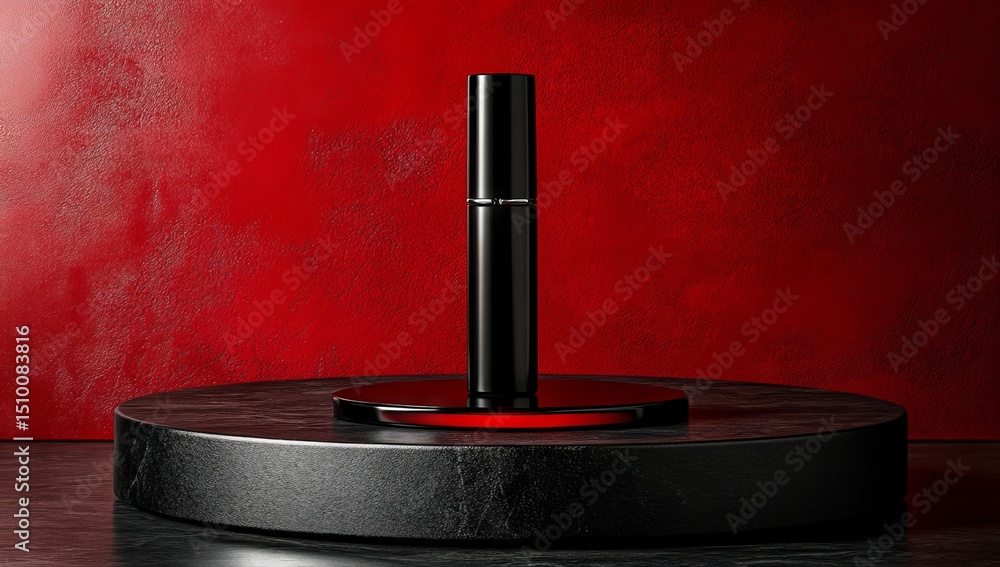 A sleek perfume bottle on a black stone stand exhibits luxury and modern aesthetics against a striking red background A sleek perfume bottle on a black stone stand exhibits luxury and modern aesthetics against a striking red background