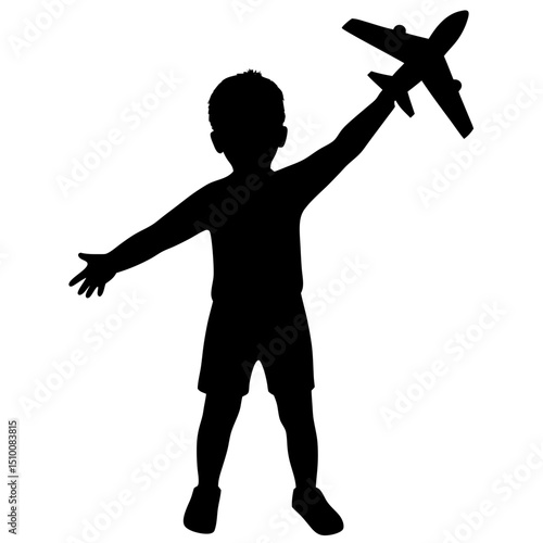 Boy with airplane toy silhouette vector illustration