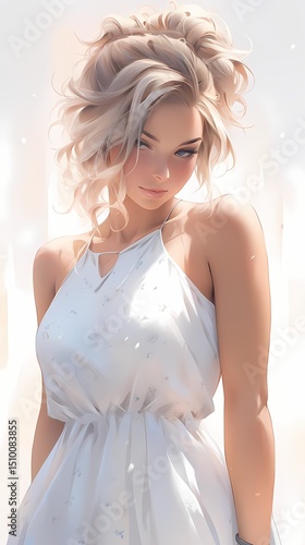 A young woman with curly blonde hair and striking blue eyes wears a elegant white dress with floral pattern, gazing directly at the viewer.