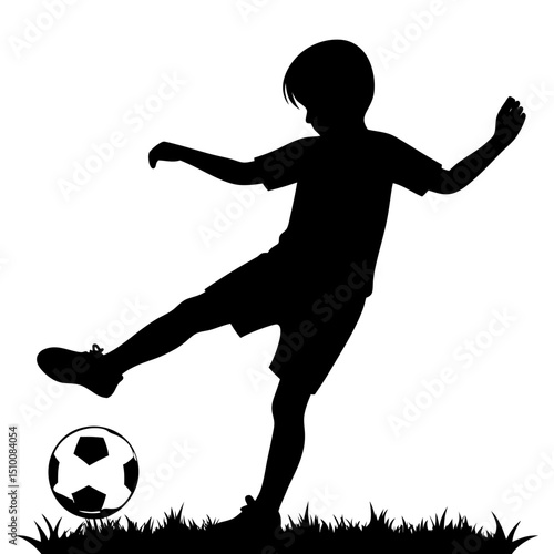 Boy kicking soccer ball silhouette vector illustration