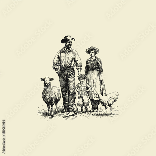 Family farm livestock engraving design vector template vintage illustration