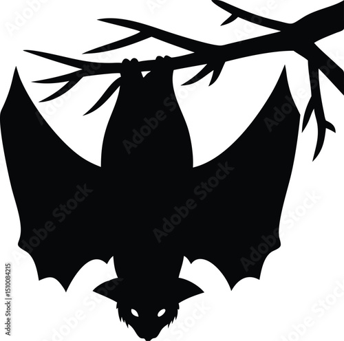 Bat hanging upside down from a branch isolated on white background