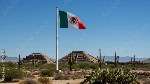 Mexican flag and pyramids in desert landscape