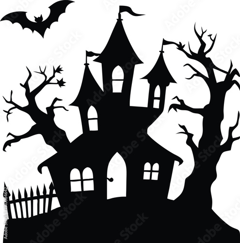 Silhouette of a spooky haunted house isolated on white background