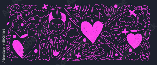 Neon breaking heart line doodles set. Devil and angels purple crayon drawn background. Scribble grunge elements. Hearts, bows, clouds and sketch shapes. Vector pencil illustration on black background.