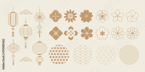 Luxury Oriental Asian ornament vector set. Chinese and Japanese paper lantern, cherry blossom, hanging fetish, pattern. Design for decorative card, poster, print, icon, background.