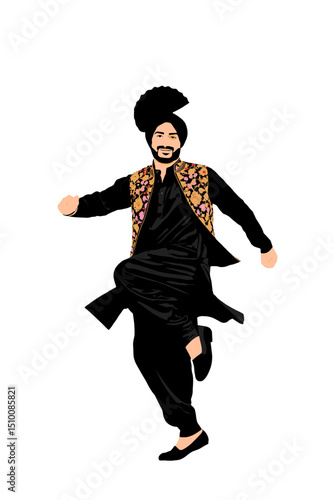 A Bhangra dancer in a traditional black Punjabi attire