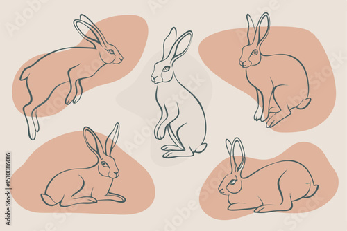 Elegant illustration of various hare poses with neutral background design and minimalist line art