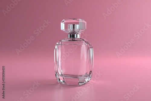 Elegant clear glass perfume bottle on pink background