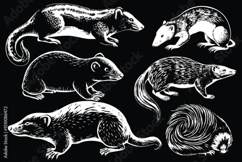 Detailed black and white illustrations of various mammals including a badger, weasel, and a skunk on a black background