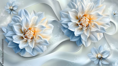 Elegant Blue and White Dahlias on Flowing Silk Background