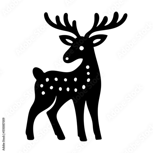 Rustic style figurine with a deer. Ethnic sticker. Bohemian animal silhouettes and floral patterns on Scandinavian style textiles. Handmade relief image of a deer in the style of linocut.