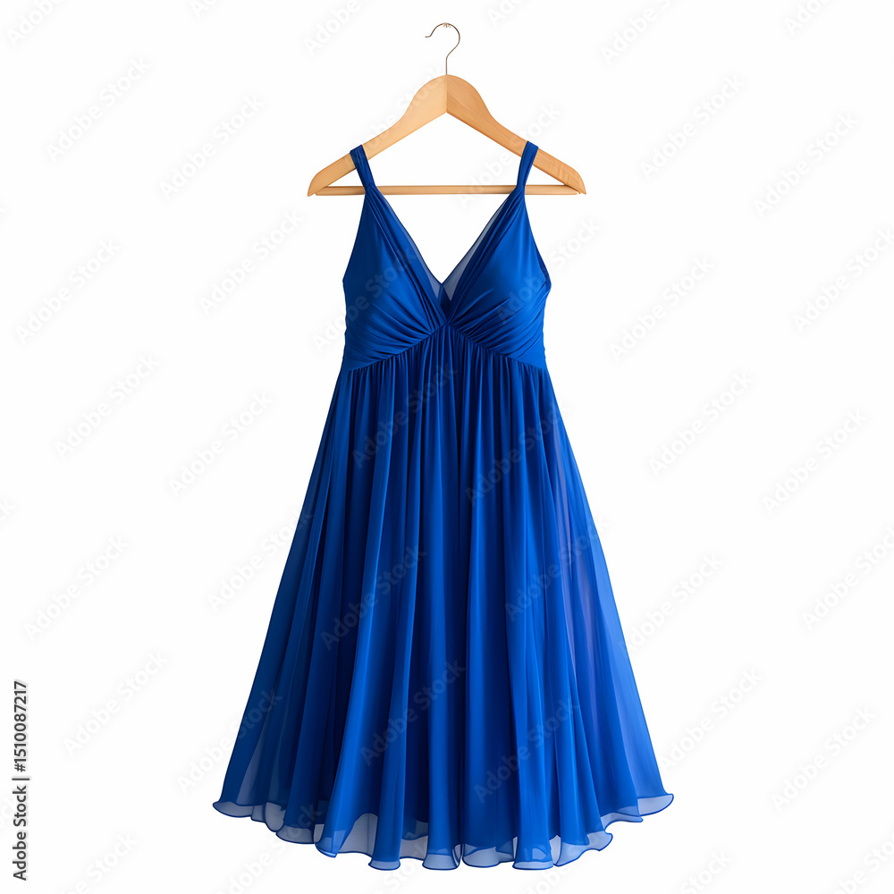 Front view of a cobalt blue women maxi dress on a wooden hanger isolated on a white transparent background Front view of a cobalt blue women maxi dress on a wooden hanger isolated on a white transparent background