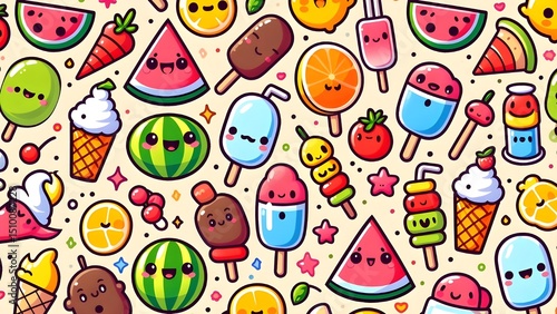 Cute Kawaii Summer Fruits and Ice Cream Seamless Pattern