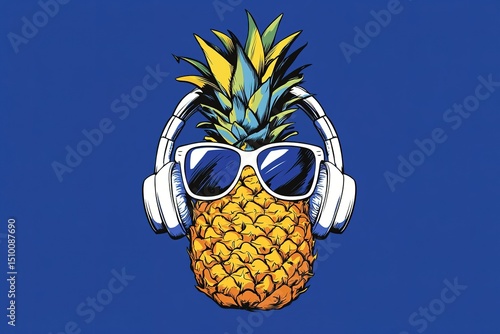 Cool pineapple wearing headphones and sunglasses