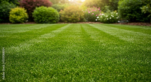 A perfect green lawn with stripes in a beautiful backyard garden. Low angle view of freshly mowed grass in the summer sun. Landscaping and lawn care concept.