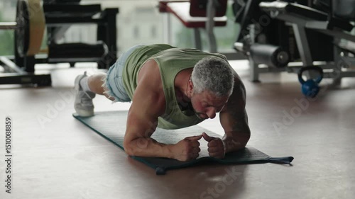 Man performing a plank exercise in a gym. Focus on upper body strength and core stability while exercising on a yoga mat.