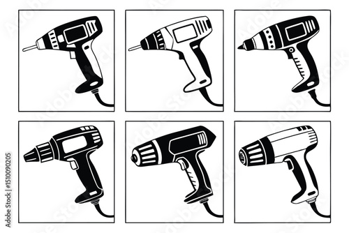A collection of handheld drill illustrations in black and white suitable for various creative projects.