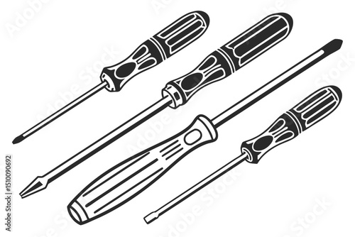 Line art illustration depicting several screwdrivers of various types and sizes for repair and construction