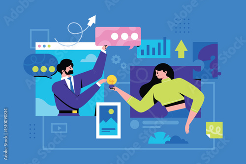 Flat Teamwork Composition with Memphis Style