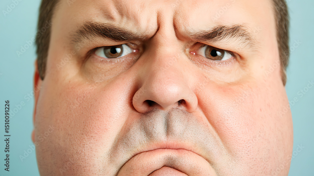 Obraz premium Close-up of a Caucasian man's face showing a furrowed brow and a pout, expressing confusion or disapproval. Isolated on light blue backdrop.