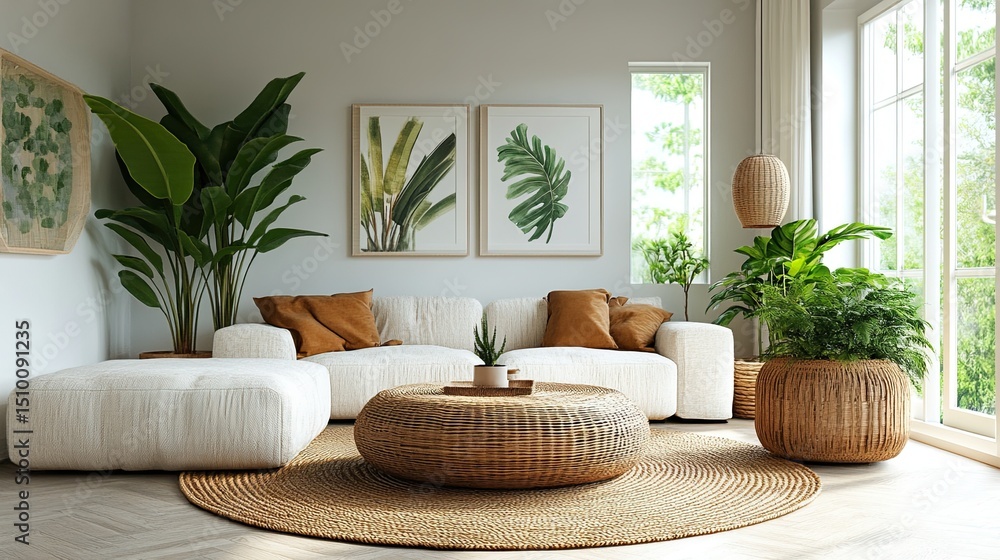 Discover Serenity An inviting living room blends organic textures and lush greenery in a space designed for relaxation Discover Serenity An inviting living room blends organic textures and lush greenery in a space designed for relaxation
