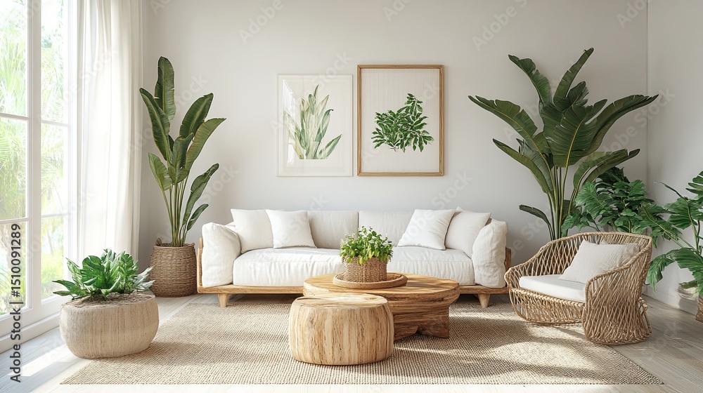 Bringing the serene beauty of nature indoors with a bright earthy living room filled with lush plants and natural light Bringing the serene beauty of nature indoors with a bright earthy living room filled with lush plants and natural light