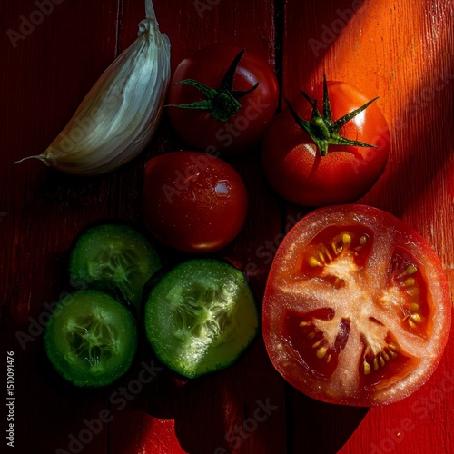 Fresh tomatoes, pickled cucumbers, and garlic arranged on a rustic wooden table in natural light during the afternoon