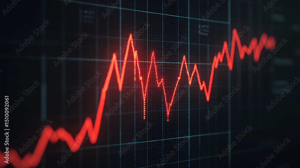 Fototapeta premium Stock market data visualized with red graph lines on a dark background.