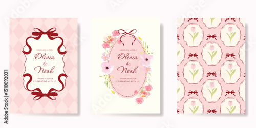 Elegant wedding invitation card background vector. Minimal hand drawn ribbon frame and floral frame template background. Design illustration for wedding, vip cover, poster, rsvp modern card.