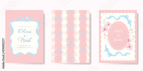 Elegant wedding invitation card background vector. Minimal hand drawn ribbon frame and floral frame template background. Design illustration for wedding, vip cover, poster, rsvp modern card.