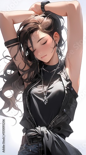 Young anime woman resting with eyes closed, long brown hair, elegant jewelry, black outfit