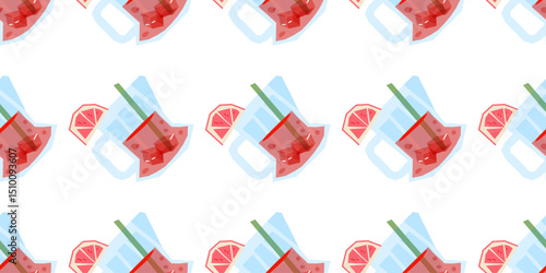 Summer Drink Glass Seamless Pattern — transparent mug with red fruit drink, ice cubes, green straw, and grapefruit slice arranged in playful flat cartoon style. Seamless repeat on white background.