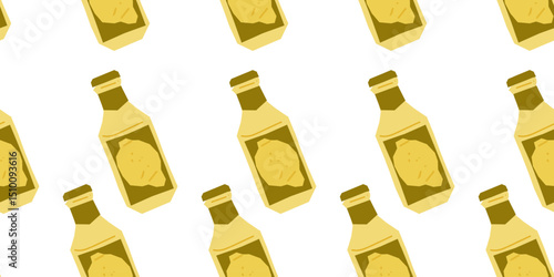 Lemon Bottle Seamless Pattern Design — yellow drink bottle with lemon label arranged in a clean flat cartoon style. Seamless repeat on white background.
