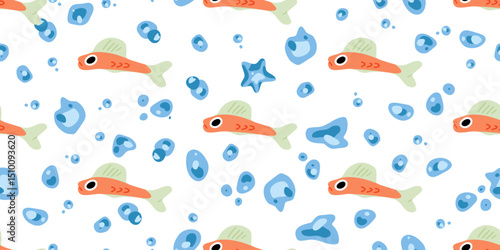 Cartoon Underwater Fish Seamless Pattern — playful orange fish with bubbles and drops scattered in a fun aquatic design. Flat cartoon style, seamless repeat on white background.