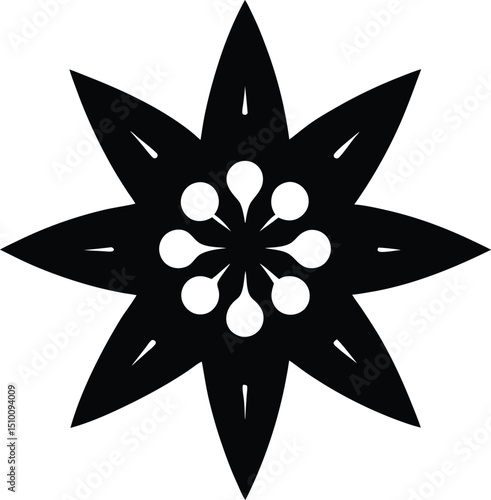 Eight-petal flower with central black core, symmetrical petal layout, vector silhouette.