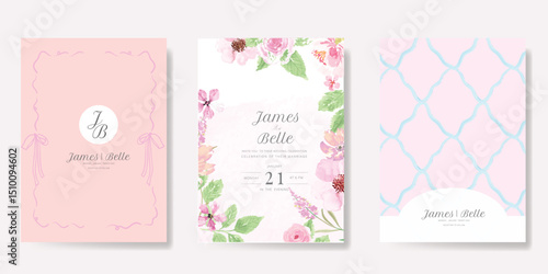 Elegant wedding invitation card background vector. Minimal hand drawn ribbon frame and floral frame template background. Design illustration for wedding, vip cover, poster, rsvp modern card.