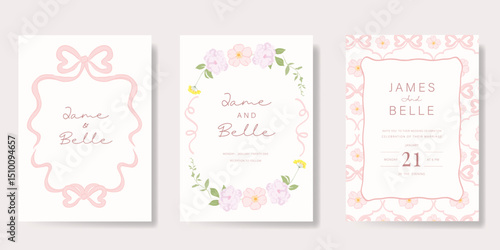 Elegant wedding invitation card background vector. Minimal hand drawn ribbon frame and floral frame template background. Design illustration for wedding, vip cover, poster, rsvp modern card.