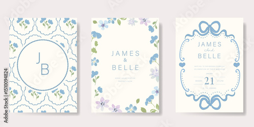 Elegant wedding invitation card background vector. Minimal hand drawn ribbon frame and floral frame template background. Design illustration for wedding, vip cover, poster, rsvp modern card.