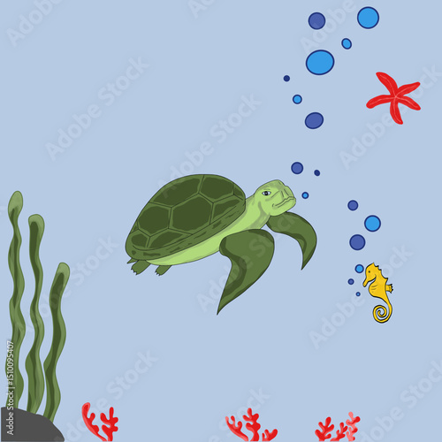 Cartoon illustration of a sea turtle swimming underwater near a seahorse, with starfish, seaweed and oxygen bubbles
