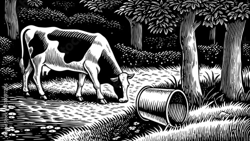 cow grazes in clearing with can black and white hand drawn sketch outline