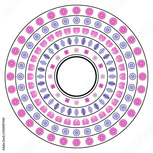 Mandala with flowers and leaves in pink and blue colors on a transparent background