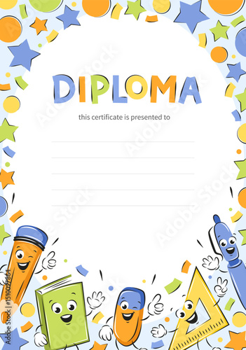 Diploma of school children. School office supplies characters. Sample elementary school kids certificate. Vector illustration for school.