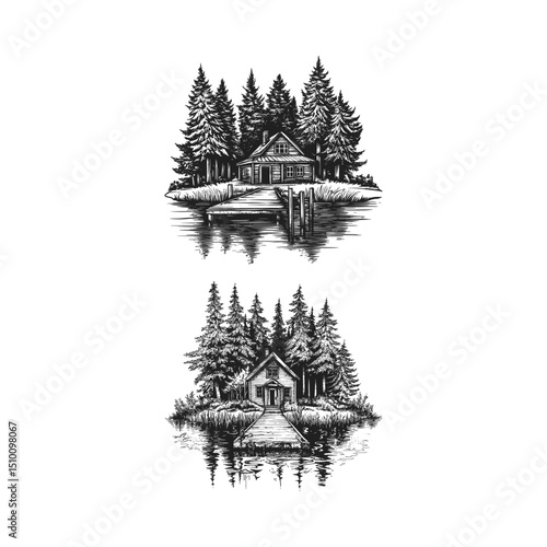 Rustic cabin on a lake mountain design vector template illustration