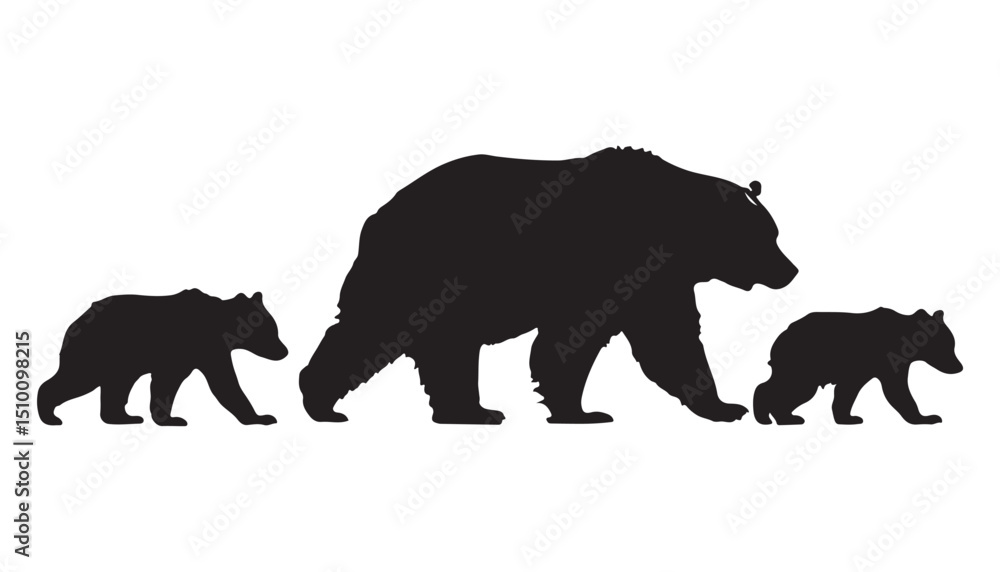 Fototapeta premium Silhouette depicting a bear and its two cubs on a white canvas
