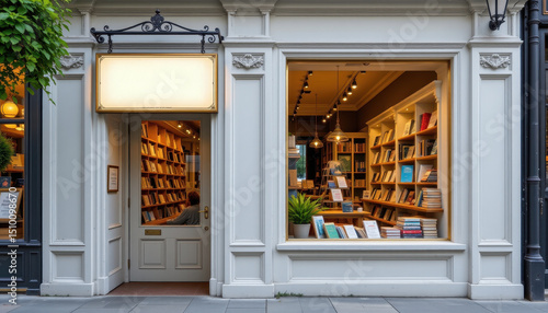 mockup ready signage on boutique bookstore front with clean painted walls charming entrance vintage posters on side windows and an inviting book filled interior